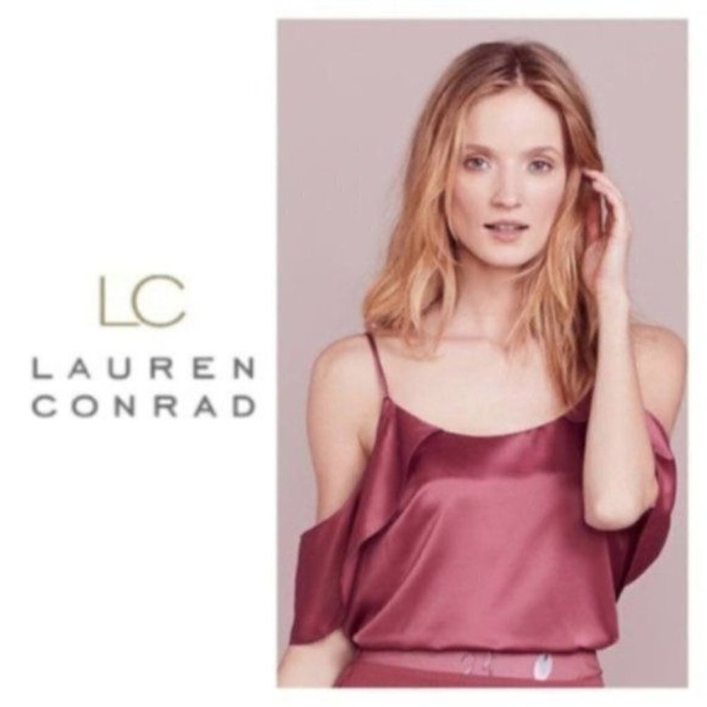 LC Lauren Conrad Womens Red Cold Shoulder Flutter Sleeve Silky Blouse Sz L New - Picture 8 of 9